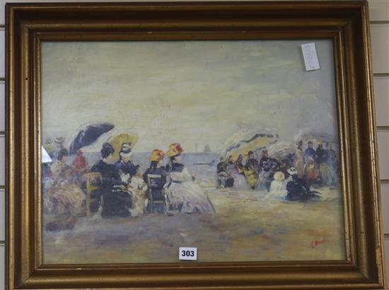 After Boudin, oil on canvas board, figures on a beach, 42 x 54cm